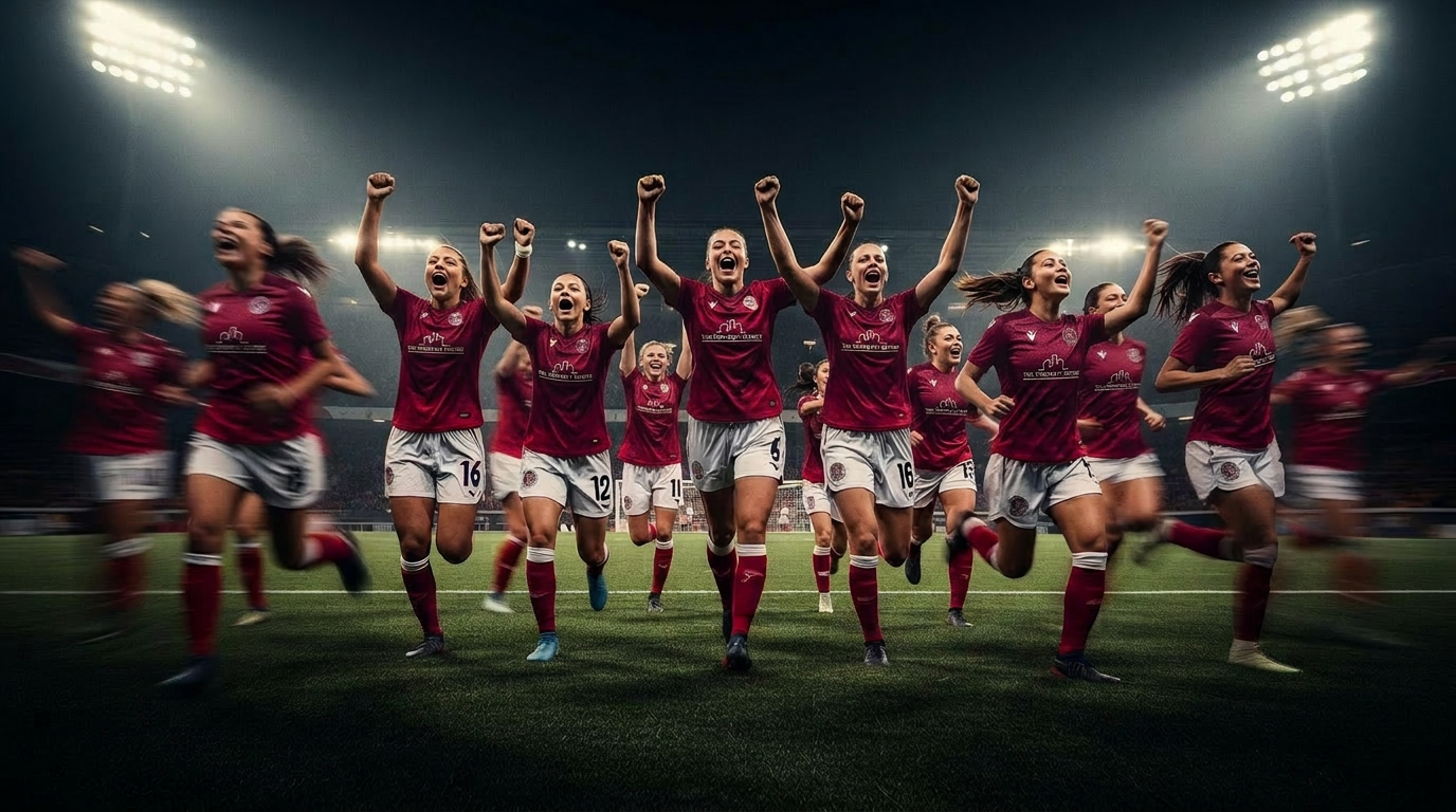 Women's football team celebrating under floodlights
